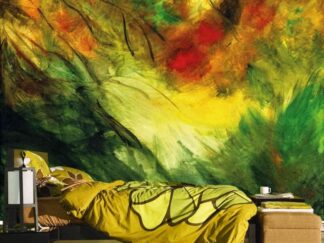 Red and Green Abstract Wallpaper, as seen on the wall of this bedroom, is a wall mural of an acrylic painting on canvas from About Murals.