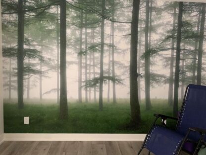 Sea of Trees Wallpaper, as seen on the wall of this cottage, is a realistic photo mural of green trees in a misty forest from About Murals.