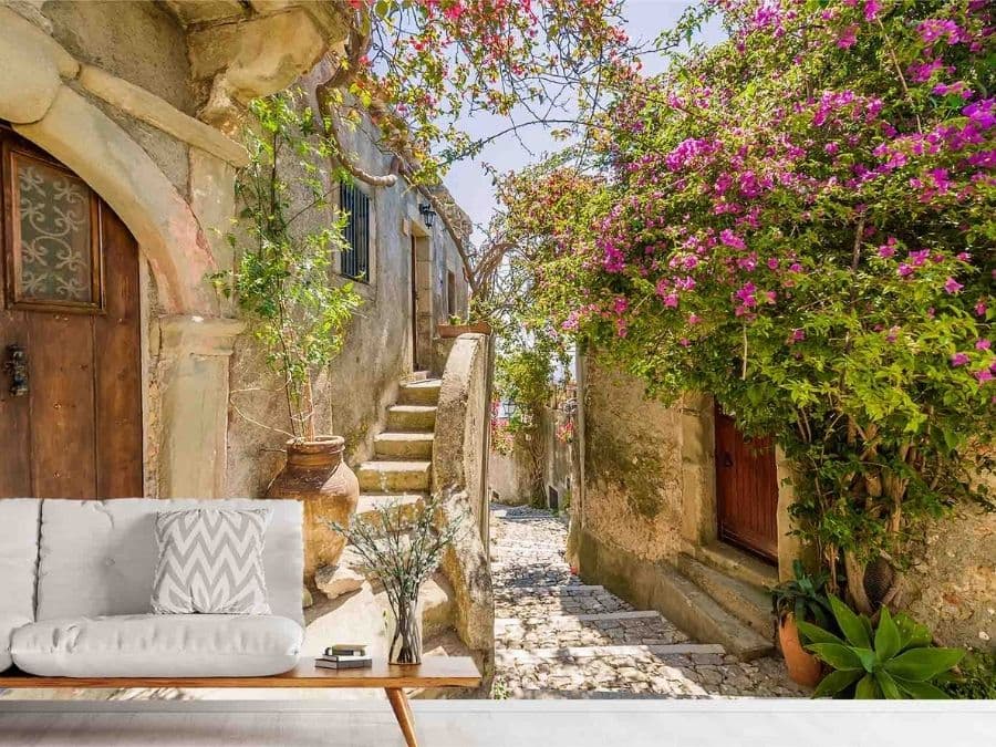 Sicily Wallpaper, as seen on the wall of this modern living room, is a photo mural of an Italian village in Lipari from About Murals.