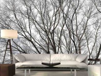 Tree Branch Wallpaper, as seen on the wall of this living room, is a photo mural of a bare winter tree against a grey sky from About Murals.