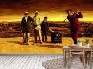 Vintage Golf Wallpaper, as seen on the wall of this kitchen dining room, is a wall mural of three men and a caddy on the 18th hole of a golf course from About Murals.
