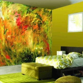 Yellow Red and Green Abstract Wallpaper, as seen on the wall of this bedroom, is a wall mural of an abstract painting from About Murals.