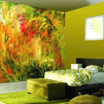 Yellow Red and Green Abstract Wallpaper, as seen on the wall of this bedroom, is a wall mural of an abstract painting from About Murals.