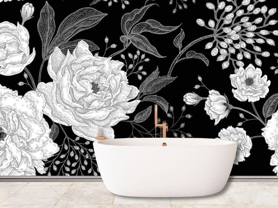 Black Peony Wallpaper, as seen on the wall of this bathroom, is a floral wall mural with textured grey flowers on a dark background from About Murals.