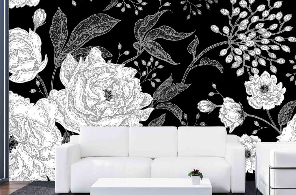 Black Peony Wallpaper, as seen on the wall of this living room, is a wall mural with big flowers on a black background from About Murals.