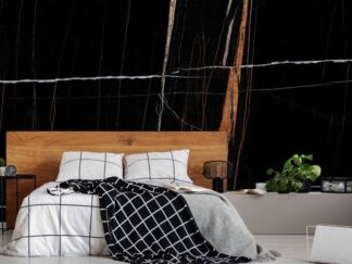 Black and Bronze Marble Wallpaper, as seen on the wall of this bedroom, is a high resolution photo mural of bronze veins running through black marble from About Murals.