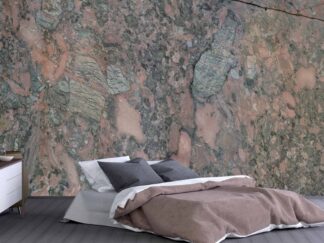 Brown Marble Wallpaper, as seen on the wall of this bedroom, is a photo mural of a cracked marble face from About Murals.
