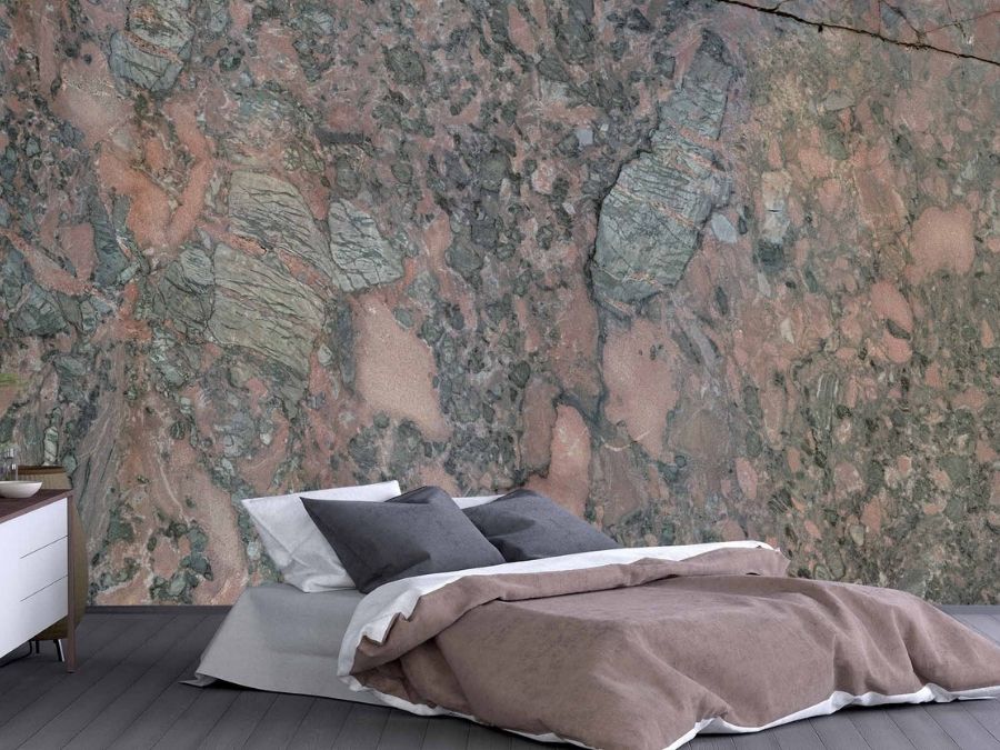 Brown Marble Wallpaper, as seen on the wall of this bedroom, is a photo mural of a cracked marble face from About Murals.