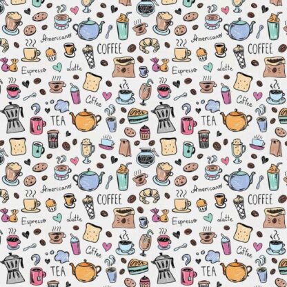Coffee Wallpaper is a wall mural with a cute, colorful coffee and tea design perfect for a coffee shop or bakery from About Murals.