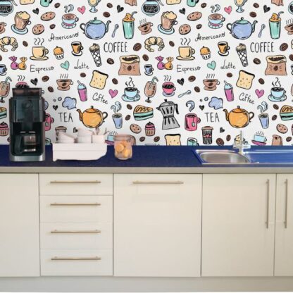 Coffee Wallpaper, as seen on the wall of this office kitchen, is a mural with a pattern of repeating coffee cups, mugs, tea pots, coffee beans, cupcakes, lattes and pie on a light background from About Murals.