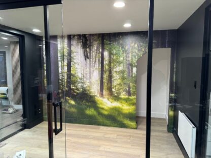 Forest Grass Wallpaper, as seen on the wall of this office, is a photo mural of sun rays shining through pine trees onto green grass from About Murals.
