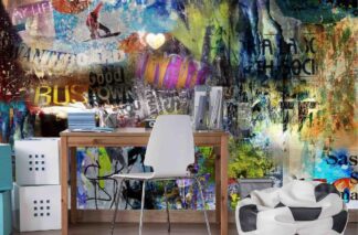 Graffiti Collage Wallpaper, as seen on the wall of this kids room, is a wall mural of torn posters and spray paint on a decaying cement wall from About Murals.