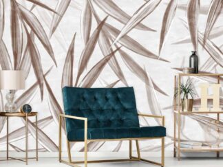 Light Brown Botanical Foliage Wallpaper, as seen on the wall of this living room, is a wall mural with large brown leaves on a light background from About Murals.