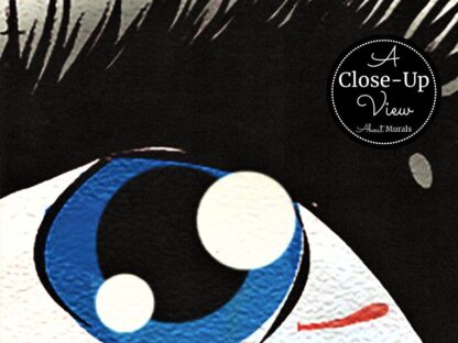 A close-up view of a blue eye in a pop art wallpaper from About Murals.