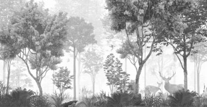 Retro Forest Wallpaper is a wall mural with two deer in a black and white vintage forest from About Murals.