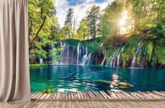 Tropical Waterfall Wallpaper, as seen on the wall of this room, is a photo mural of the sun setting over waterfalls Plitvice National Park, Croatia from About Murals.