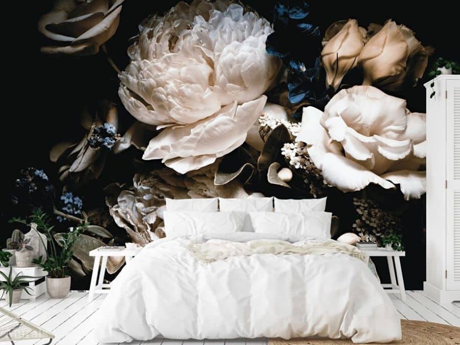 Shop the Black Friday Wallpaper Sale, like this black flower wallpaper in a bedroom, from About Murals.