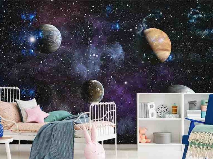 Shop Hamilton Ontario wallpaper, like this space wall mural in a kids bedroom, from About Murals.