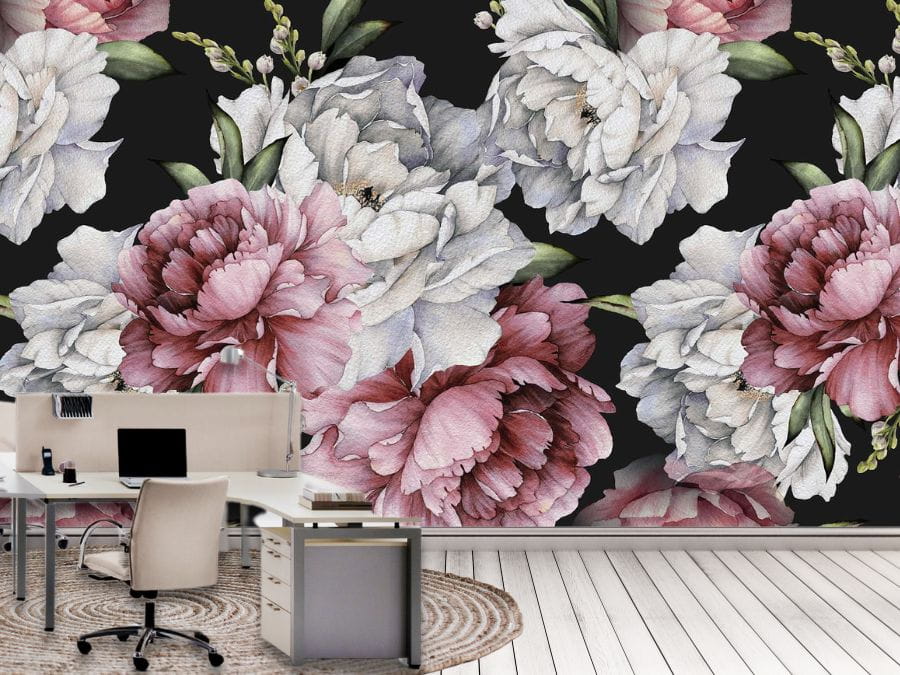 Black and Pink Floral Wallpaper, as seen on the wall of this office, is a flower mural with large white and pink peonies on a dark background from About Murals.
