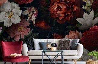 Dutch Floral Wallpaper, as seen on the wall of this living room, is a floral mural with large orange, pink and white flowers on a dark background from About Murals.