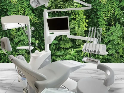 Living Wall Wallpaper, as seen on the wall of this dental clinic, is a mural featuring lush, botanical green leaves from About Murals.