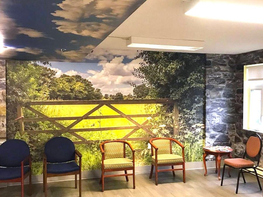 Care home murals, like this peaceful nature wallpaper with a grassy field and cloudy sky, is a great decor idea to keep dementia patients feeling calm and at peace.