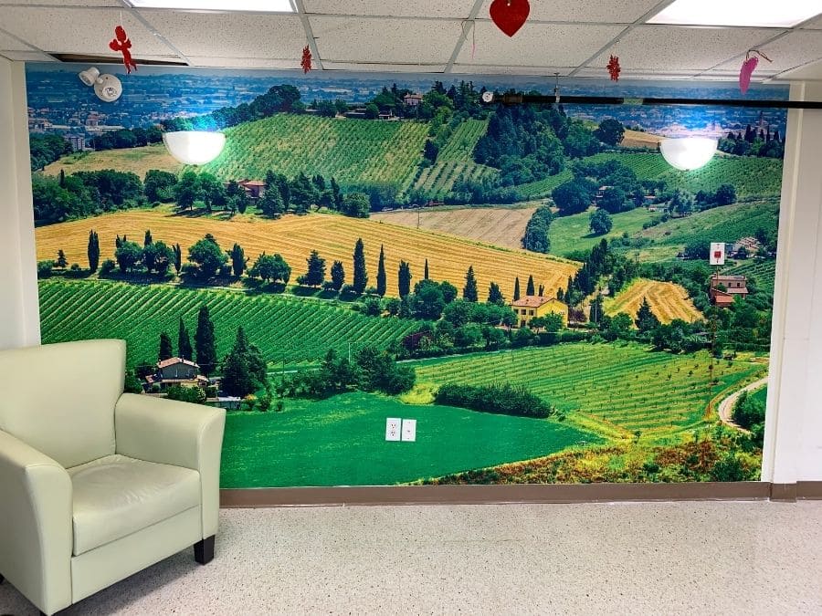 Nursing home murals, like this Tuscany Wallpaper with its billowing countryside dotted with cypress trees, can help European residents feel at home.