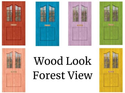Dementia Door Wrap in various faux wood colours and two windows overlooking a forest from About Murals.