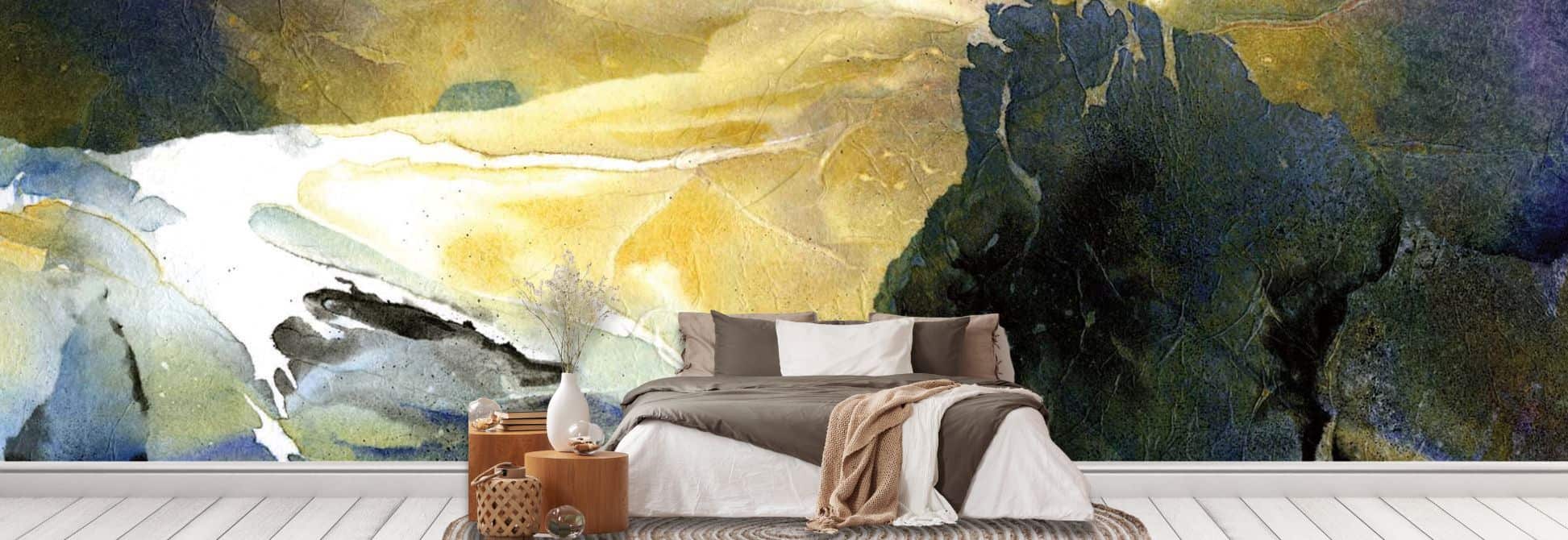 Art wallpaper mural, as seen on the wall of this bedroom, is a wall mural created from an abstract watercolor painting in blue, black and gold that is scanned in and printed onto removable wallpaper from About Murals