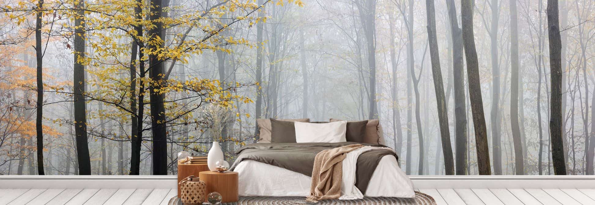 Autumn Wallpaper, as seen on the wall of this bedroom, is a photo wall mural of moody trees in a fall forest from About Murals