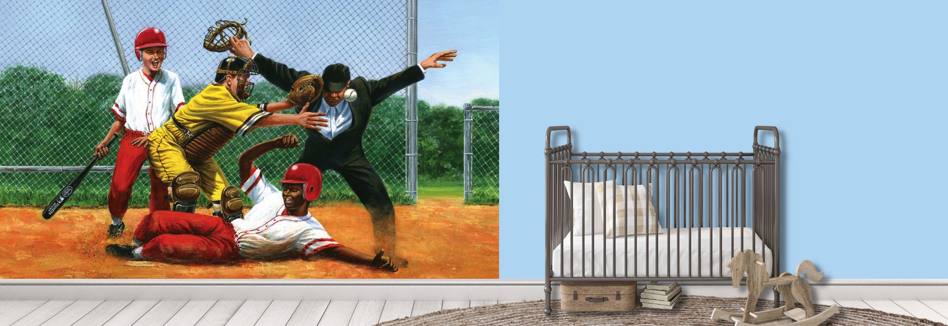 Baseball wallpaper, as seen on the wall of this boys bedroom, is a wall mural featuring kids playing baseball on a field from About Murals.