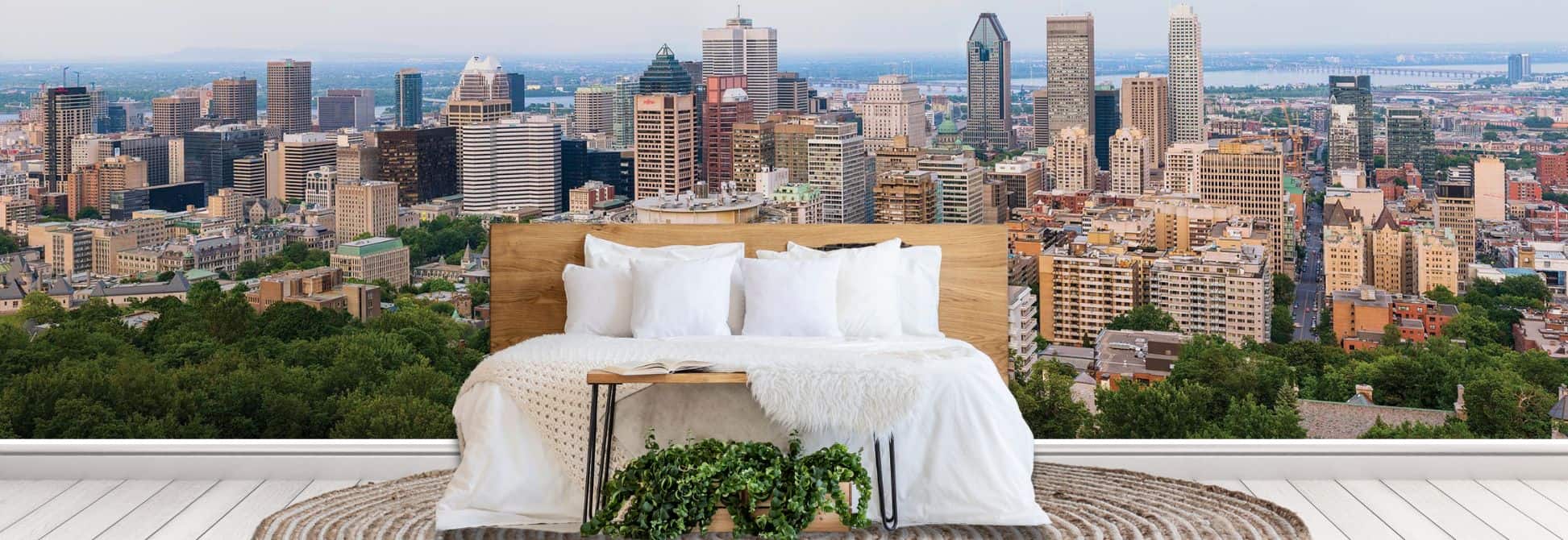 Canada city wallpaper mural, as seen on the wall of this bedroom, is a photo wall mural of the Montreal skyline filled with high rise buildings and skyscrapers from About Murals.