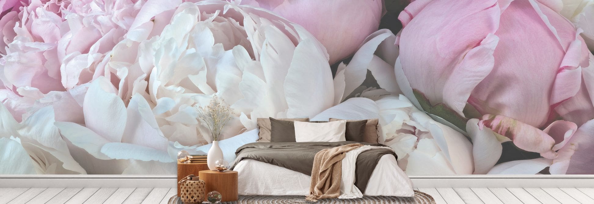 Peony wallpaper, as seen on the wall of this bedroom, is a photo wall mural of large pink and white flowers from About Murals.