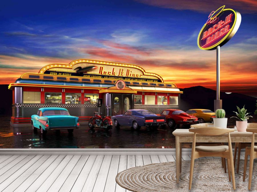 60s diner wallpaper, featuring vintage cars parked in front of a restaurant, by About Murals.