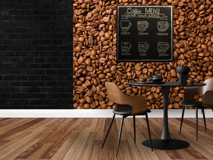 A cafe coffee wallpaper featuring rich brown coffee beans by About Murals Canada.
