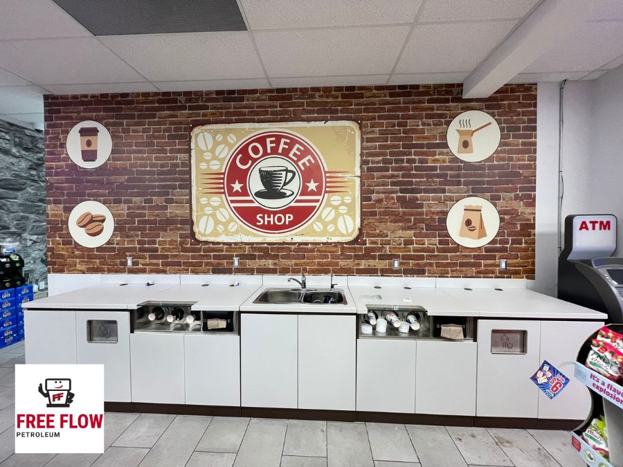 A custom printed cafe wall mural in a coffee shop in Canada by About Murals.
