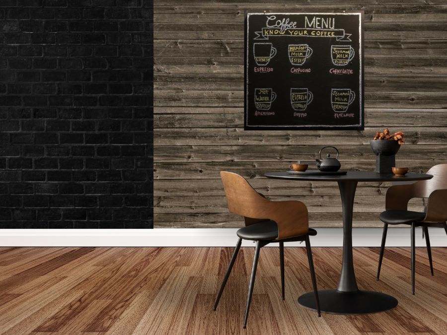A cafe wallpaper mural with a faux wood design by About Murals.