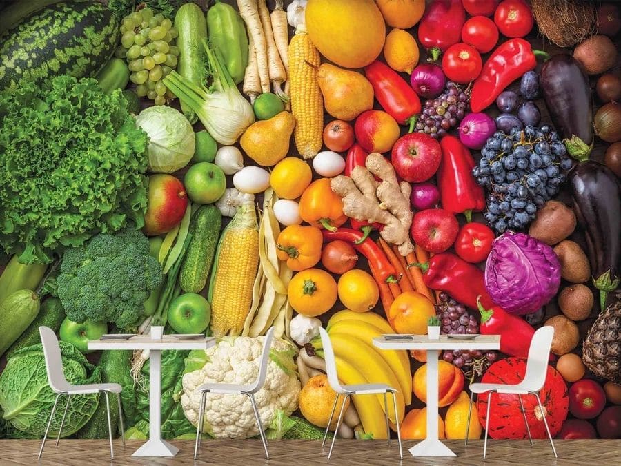 Food wall murals featuring colourful fruits and vegetables, perfect for a vegetarian or vegan restaurant from About Murals