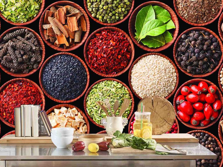 Indian restaurant wallpaper idea featuring exotic spices in bowls from About Murals