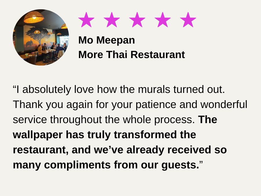 A review of a restaurant wall wallpaper from the owner of a Thai restaurant in Toronto, ON, Canada for About Murals.