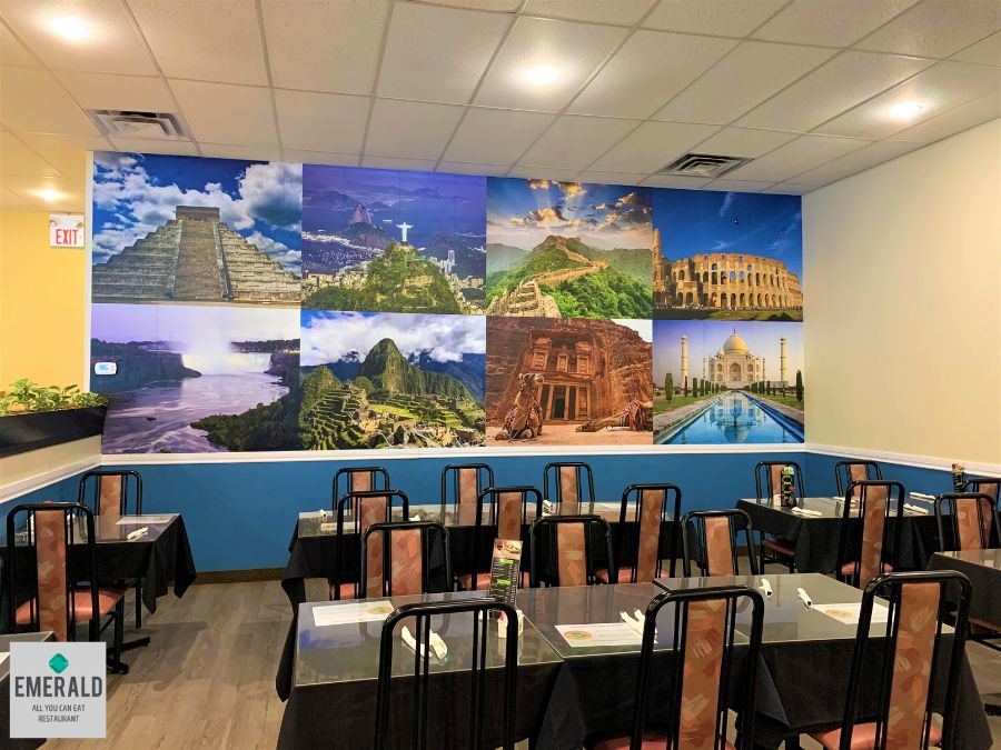 A restaurant wallpaper mural on the wall over many tables at a buffet restaurant in St. Catharines, ON, Canada by About Murals.