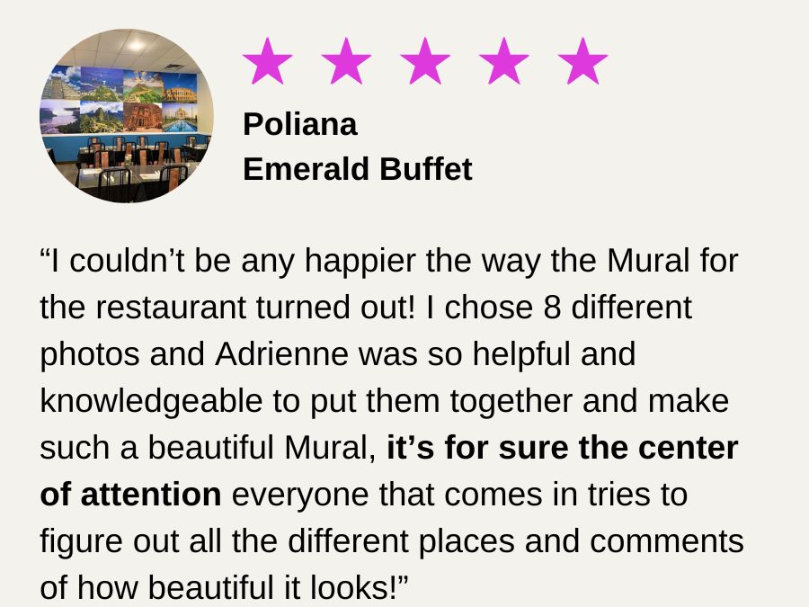 Wallpaper for restaurant decor review from the owner of a buffet restaurant in St. Catharines, ON, Canada for About Murals.