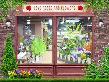 Florist Wallpaper is a mural featuring an exterior view of a wood and brick flower show with two windows looking inside to pots of flowers being sold, available from About Murals
