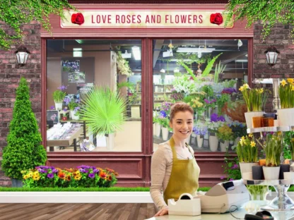 Florist Wallpaper, as seen on the wall of this flower shop, is a mural featuring an exterior view of a floral shoppe facade with windows looking inside at flowers displayed in pots from About Murals