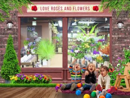 Florist Wallpaper, as seen on the wall of an indoor playground, is a mural of the outside of a flower shop looking inside - perfect for pretend play - from About Murals