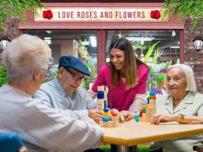 Florist Wallpaper, as seen on the wall of this nursing home activity room, is a wall mural featuring an exterior view of a flower shop facade with windows looking inside to displays of flowers in pots from About Murals