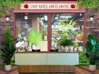 Florist Wallpaper, as seen on the wall of this retail business, is a wall mural featuring a view of the outside of a flower shop with a window looking inside the store from About Murals
