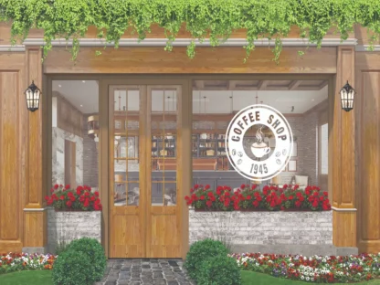 Vintage Cafe Wallpaper is a mural of a window looking inside a coffee shop to tables and a barista bar from About Murals
