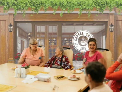 Vintage Cafe Wallpaper, as seen on the wall of this care home dining room, is a wall mural featuring an outside view of a coffee bistro with a nostalgic sign in the window that says "Coffee Shop 1945" from About Murals