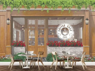 Vintage Cafe Wallpaper, as seen on the wall of a coffee shop, is a wall mural featuring an exterior view of a cafe shop surrounded by red flowers and green foliage from About Murals